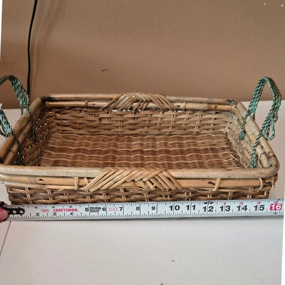 Vintage Heironimus Wicker Rattan Serving Basket Tray Green Metal Handles 16